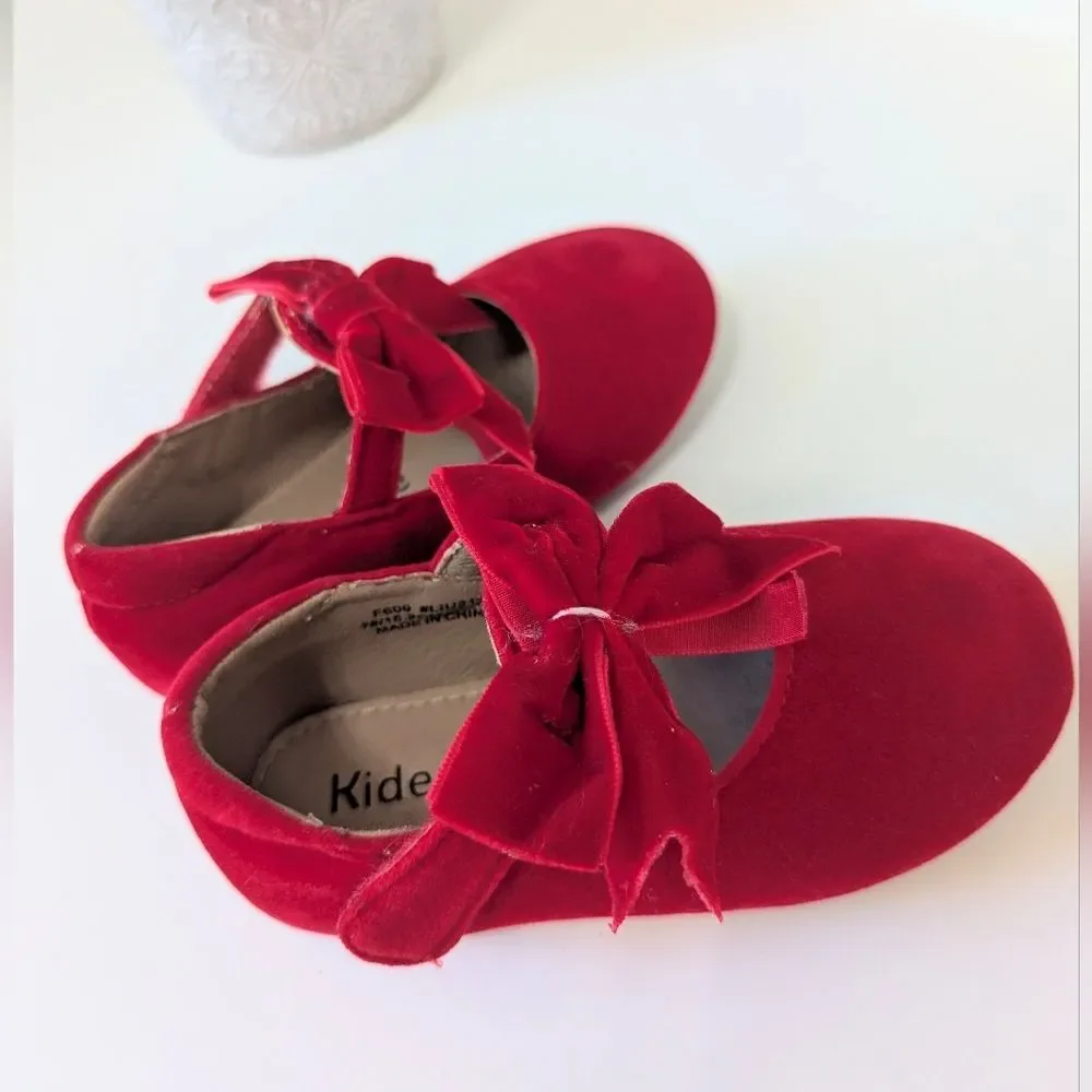 Toddler Girls Size 9 Red Velvet Bow Mary Jane Dress Shoes Coquette Holiday